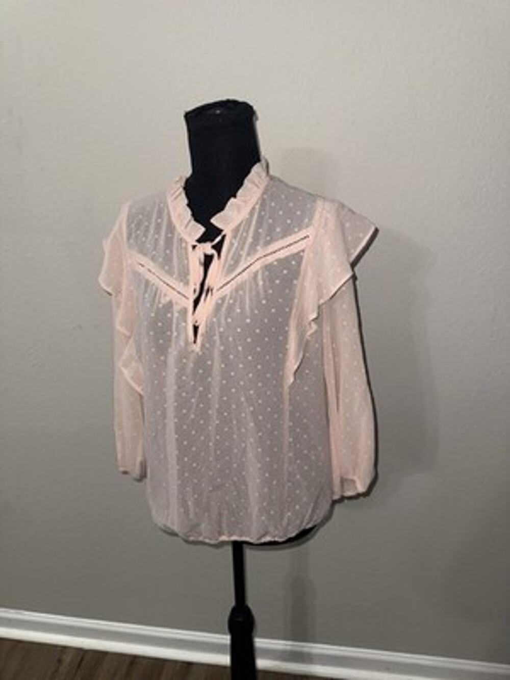 NWT Soho New York & Company Pink Swiss Dot Ruffle Tie Neck Blouse Medium